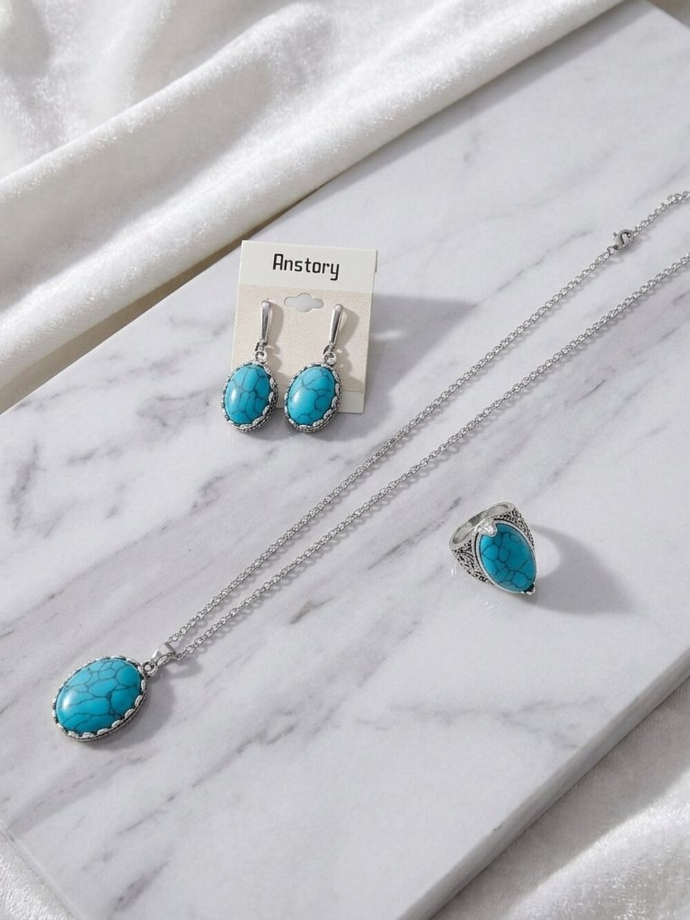 Beonon Vintage Turquoise Jewelry Set - Silver Pendant, Earrings & Ring